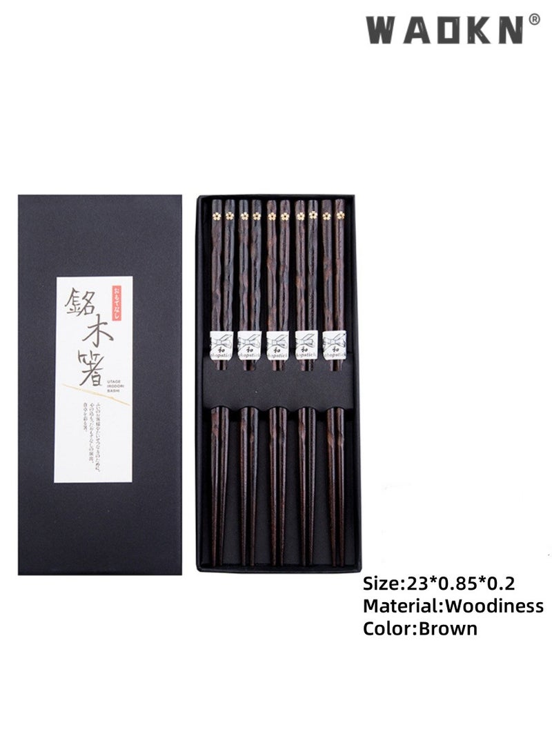 WAOKN - 5 Pairs Chopsticks Wooden Reusable Washable Chop sticks Non-slip Japanese Style Gift Set Personalized Cooking Pointed Tail Head Household Solid Wood Chopsticks（Single Cherry Blossom Pattern） - Image 1
