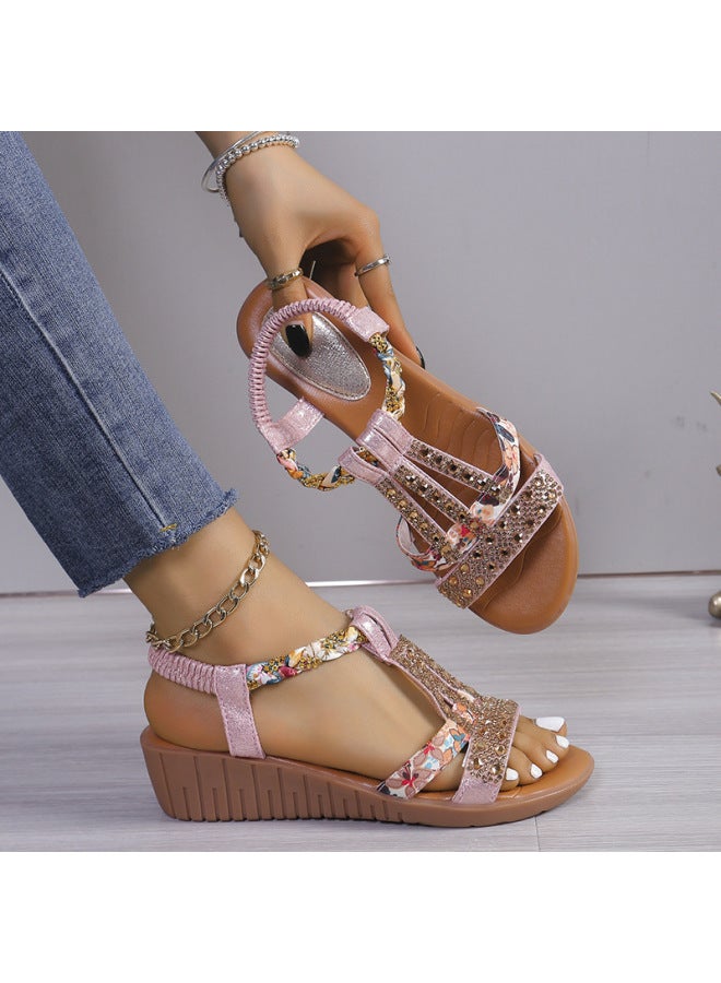 Summer New Arrival Korean Style Fashionable Fish Beak Set Feet Wedge Heel Fashionable Casual Large Size  Rhinestone Roman Sandals