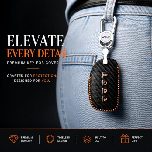 JVCV® Handmade Carbon Fiber Pattern Leather Key Cover Compatible with Hyundai Alcazar and Creta 4 Button Smart Key (Black Orange). - Image 5