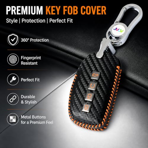 JVCV® Handmade Carbon Fiber Pattern Leather Key Cover Compatible with Hyundai Alcazar and Creta 4 Button Smart Key (Black Orange). - Image 3