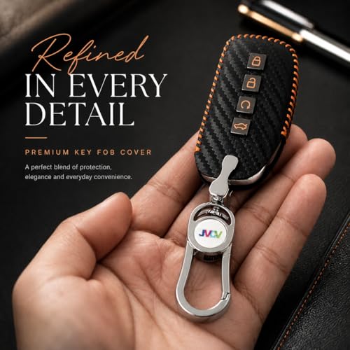 JVCV® Handmade Carbon Fiber Pattern Leather Key Cover Compatible with Hyundai Alcazar and Creta 4 Button Smart Key (Black Orange). - Image 4