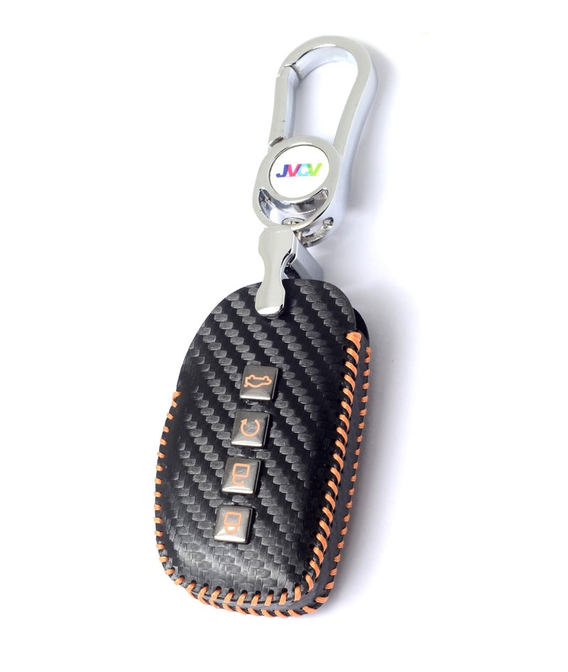 JVCV® Handmade Carbon Fiber Pattern Leather Key Cover Compatible with Hyundai Alcazar and Creta 4 Button Smart Key (Black Orange). - Image 1