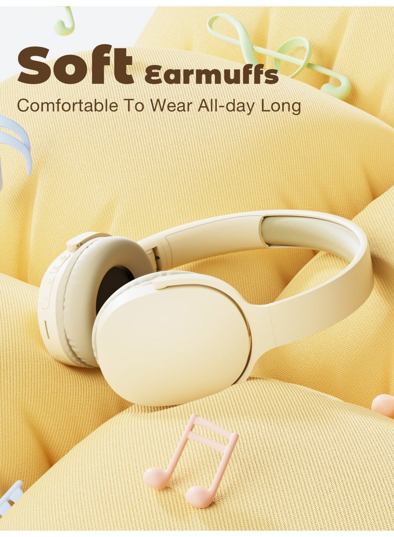 سماعات رأس لاسلكية فوق الأذن - سماعة بلوتوث 5.3 مع مكبر صوت 40 مم، صوت جهير قوي، فتحة لبطاقة TF، منفذ صوت 3.5 مم - متوافقة مع هواتف آيفون وآيباد وأجهزة الكمبيوتر المحمولة وأجهزة أندرويد - لون بيج - Image 2