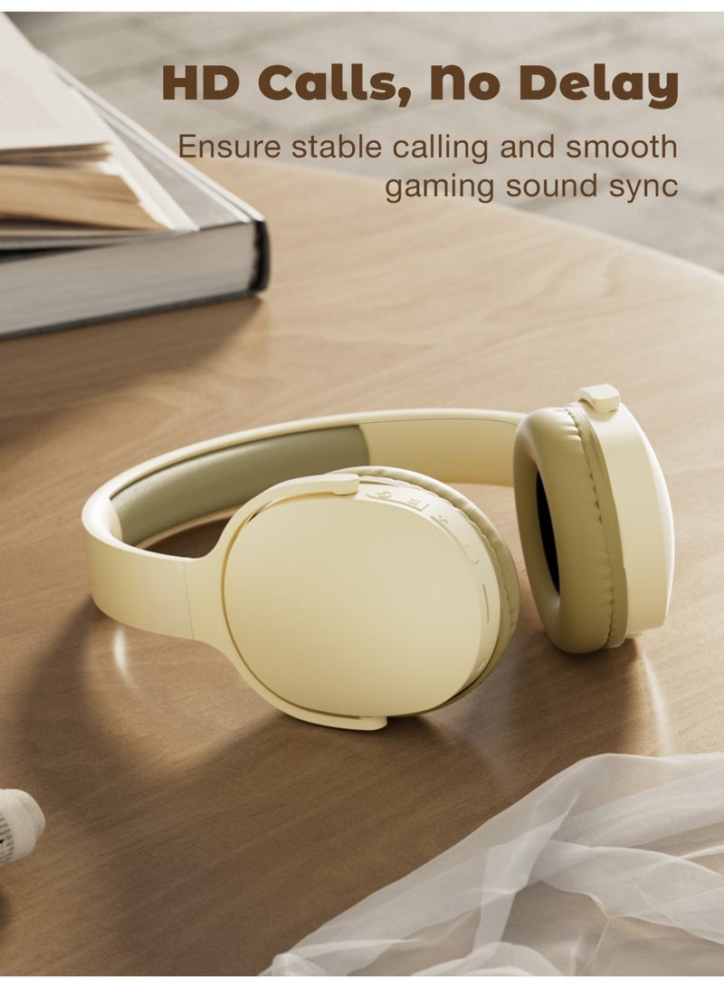 سماعات رأس لاسلكية فوق الأذن - سماعة بلوتوث 5.3 مع مكبر صوت 40 مم، صوت جهير قوي، فتحة لبطاقة TF، منفذ صوت 3.5 مم - متوافقة مع هواتف آيفون وآيباد وأجهزة الكمبيوتر المحمولة وأجهزة أندرويد - لون بيج - Image 3