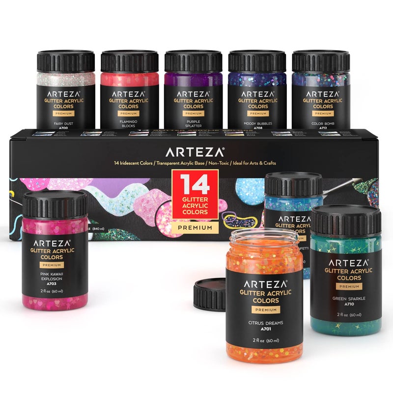 ARTEZA Glitter Acrylic Paint 14 Iridescent Colors 2 fl oz Bottles Transparent Base Iridescent Paint with Chunky Glitter Art Supplies for Adding Accents to Canvas Paper Wood and Glass - Image 2