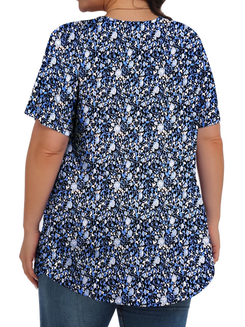 Tencede Womens Plus Size Tops Tunic Short Sleeve Crew Neck Shirts Casual Soft Blouse Blue Lily 3X - Image 4