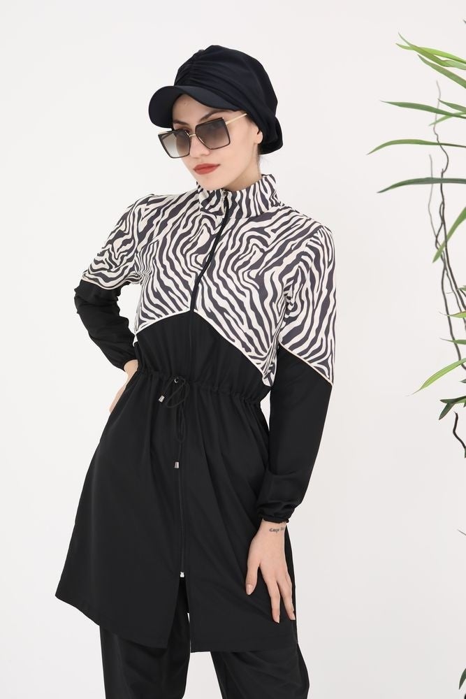 NS Tasarım NS Design Lena Zebra Patterned Piping Two Piece Swimsuit Set  - Image 3