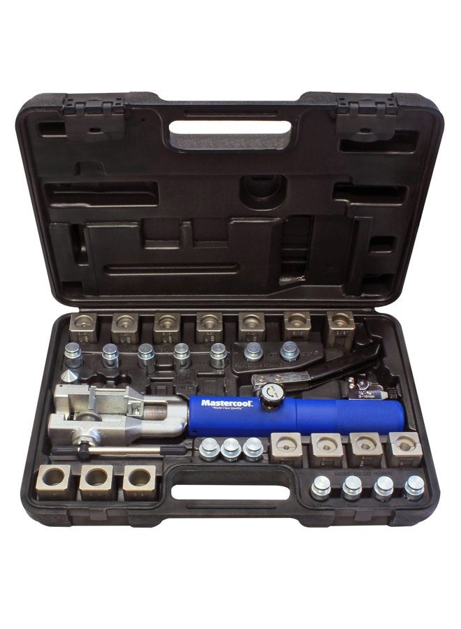 Mastercool 72475-PRC Universal Hydraulic Flaring Tool Set with Tube Cutter, Blue and Silver - Image 1