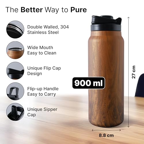 UMAI Stainless Steel Vacuum Insulated Printed Water Bottle | 900 ml | Keeps Contents Cold/Warm Upto 6-12 Hours | BPA Free | Gym | Office | Home | Travel | Wooden Brown Print - Image 3