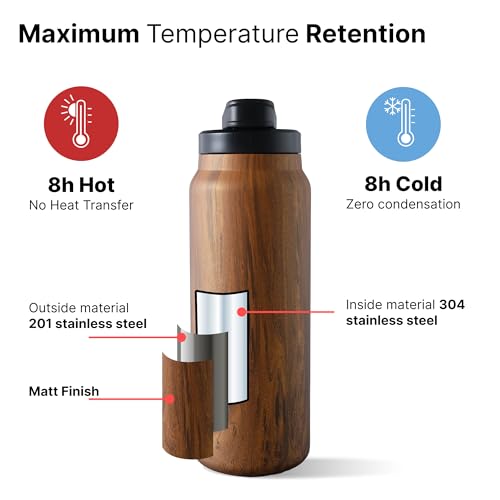 UMAI Stainless Steel Vacuum Insulated Printed Water Bottle | 900 ml | Keeps Contents Cold/Warm Upto 6-12 Hours | BPA Free | Gym | Office | Home | Travel | Wooden Brown Print - Image 4