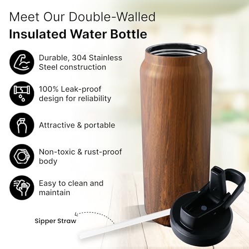 UMAI Stainless Steel Vacuum Insulated Printed Water Bottle | 900 ml | Keeps Contents Cold/Warm Upto 6-12 Hours | BPA Free | Gym | Office | Home | Travel | Wooden Brown Print - Image 2