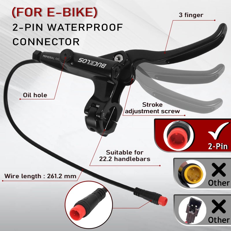 BUCKLOS EBike 2-PIN 4 Pistons Electric Power Off MTB Hydraulic Disc Brake Set,E-Bike Left Front 1150mm Right Rear 1950mm Aluminum Alloy Caliper Lever for ebike/Scooter/Mountain Bike HD-E735(Pre-Bled) - Image 2