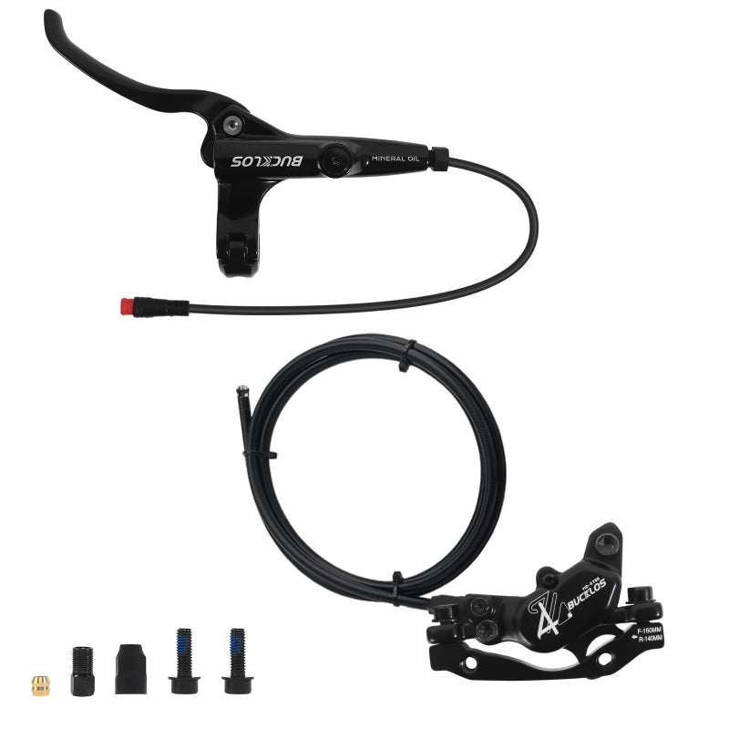 BUCKLOS EBike 2-PIN 4 Pistons Electric Power Off MTB Hydraulic Disc Brake Set,E-Bike Left Front 1150mm Right Rear 1950mm Aluminum Alloy Caliper Lever for ebike/Scooter/Mountain Bike HD-E735(Pre-Bled) - Image 1