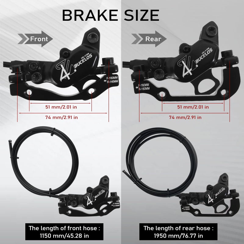 BUCKLOS EBike 2-PIN 4 Pistons Electric Power Off MTB Hydraulic Disc Brake Set,E-Bike Left Front 1150mm Right Rear 1950mm Aluminum Alloy Caliper Lever for ebike/Scooter/Mountain Bike HD-E735(Pre-Bled) - Image 4