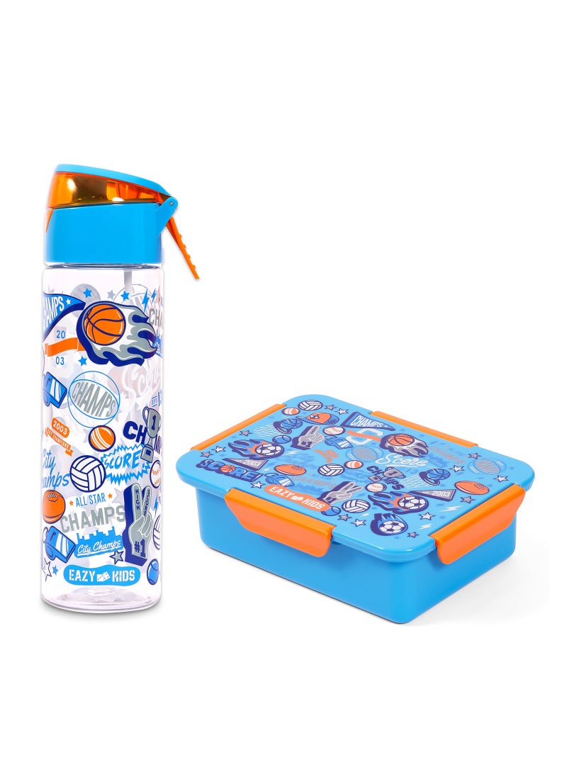 Eazy Kids Lunch Box And Tritan Water Bottle W/ Spray Soccer-Blue 750Ml  - Image 1