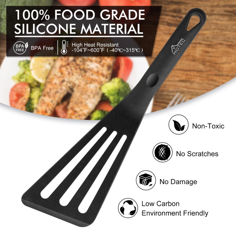 HOTEC 600â„‰ Heat Resistant Silicone Slotted Fish Turner Spatula Set, BPA Free Flipper Cooking Spatulas, for Non Stick Cookware Dishwasher Safe, Black - Image 3