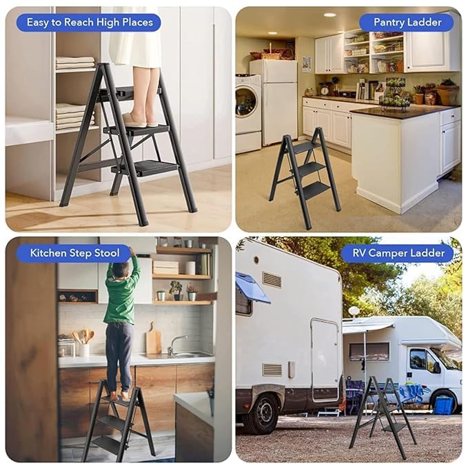 Brikipth Brikipth 3 Step Ladder Aluminum Alloy Ladder Folding Ladder NonSkid Pedals Capacity Home Office Portable Ladder Light and Strong Compact Can Be Used in The Study Bedroom Kitchen Office - Image 4