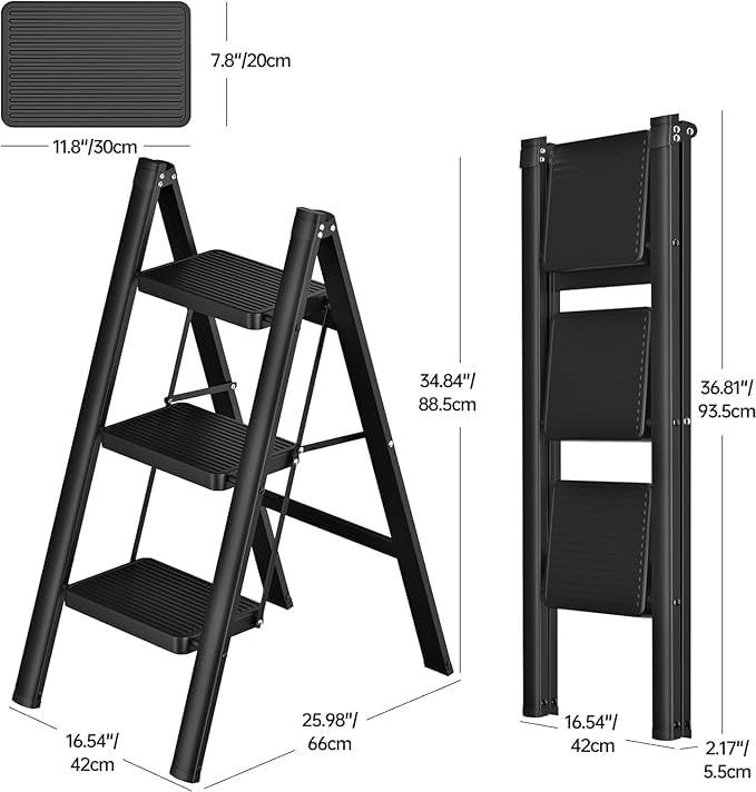 Brikipth Brikipth 3 Step Ladder Aluminum Alloy Ladder Folding Ladder NonSkid Pedals Capacity Home Office Portable Ladder Light and Strong Compact Can Be Used in The Study Bedroom Kitchen Office - Image 2