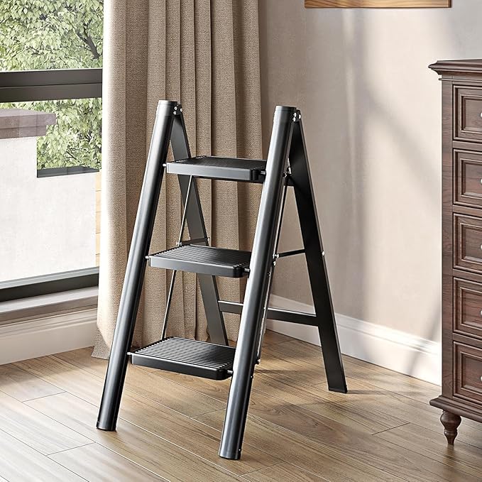 Brikipth Brikipth 3 Step Ladder Aluminum Alloy Ladder Folding Ladder NonSkid Pedals Capacity Home Office Portable Ladder Light and Strong Compact Can Be Used in The Study Bedroom Kitchen Office - Image 1