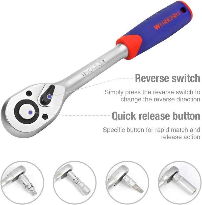 WORKPRO 108-Piece Socket Wrench Set with Reversible Ratchet and Bit Set - Image 3