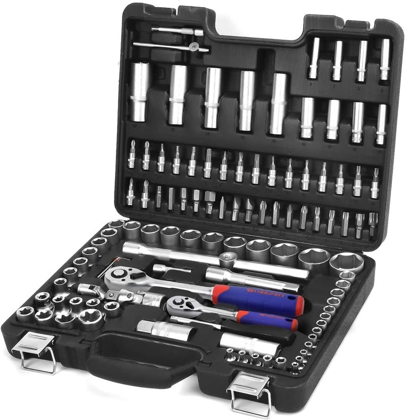 WORKPRO 108-Piece Socket Wrench Set with Reversible Ratchet and Bit Set - Image 1