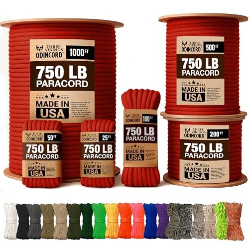 Three Vikings Paracord Rope - Made in USA - 750lb - 100% Nylon - Type IV - 11 Strand Core - Stronger Then Paracord 550 Cord - Red - 25 Ft. - Image 1