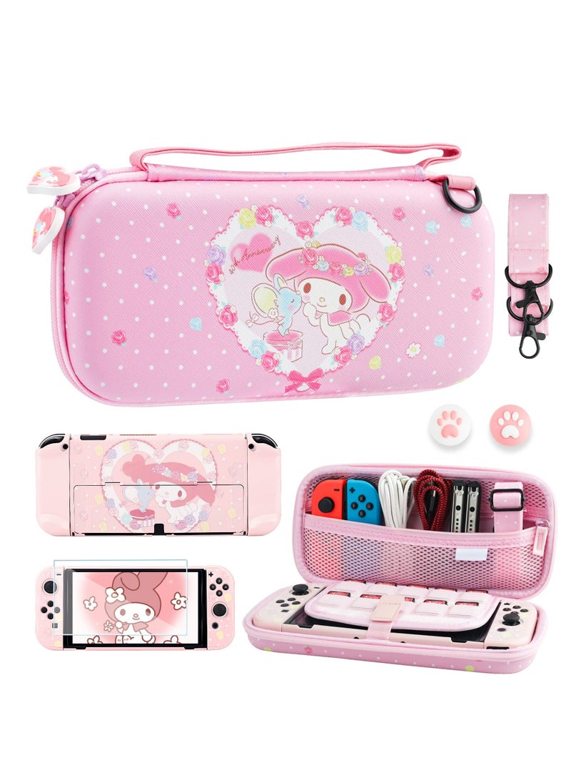 Y&D Pink Carrying Case with Bunny Pattern for Nintendo Switch OLED, Hard Storage OLED Protective Case, Shoulder Strap, Hand Screen Protector and 2 Thumb Caps  - Image 1