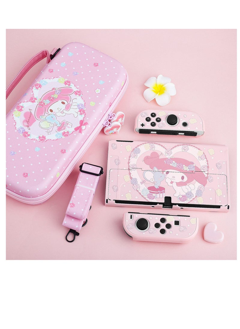 Y&D Pink Carrying Case with Bunny Pattern for Nintendo Switch OLED, Hard Storage OLED Protective Case, Shoulder Strap, Hand Screen Protector and 2 Thumb Caps  - Image 5
