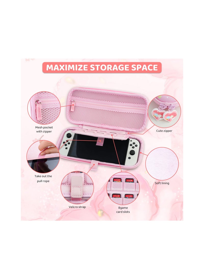 Y&D Pink Carrying Case with Bunny Pattern for Nintendo Switch OLED, Hard Storage OLED Protective Case, Shoulder Strap, Hand Screen Protector and 2 Thumb Caps  - Image 2