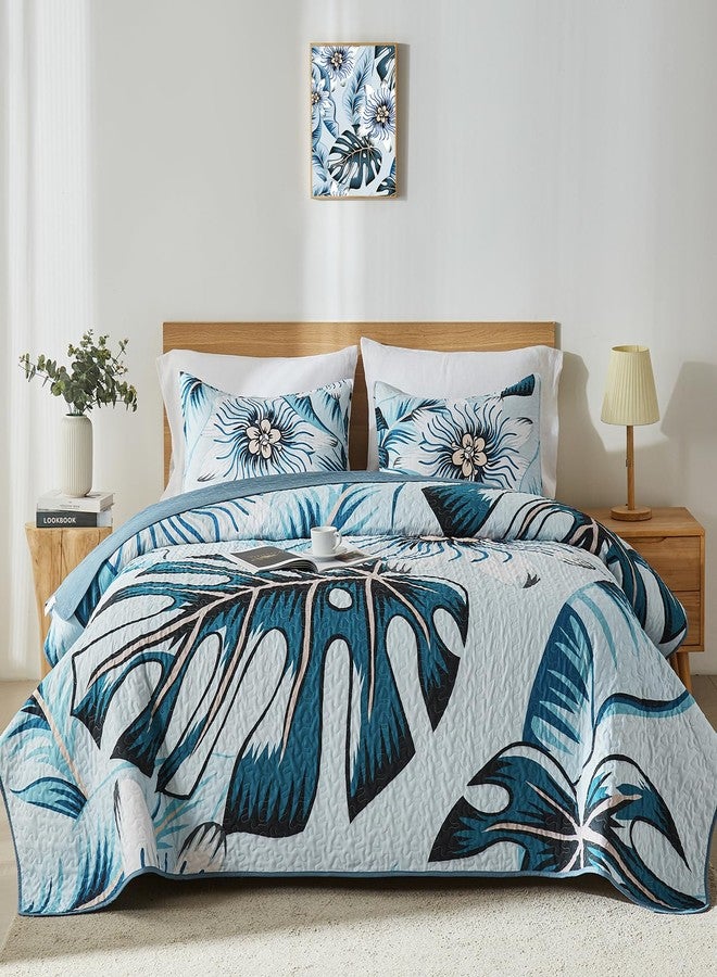 Yogeneg Queen Quilt Bedding Set,White Green Botanical Pattern Light Blue Full/Queen Quilt Set,3 Piece Lightweight Soft Summer Bedspread Coverlet with 2 PIillow Shams,All Season(Light Blue,90"x96") - Image 1
