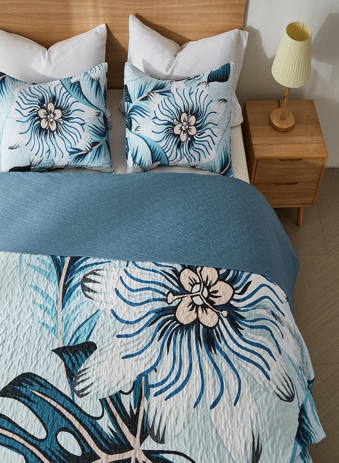 Yogeneg Queen Quilt Bedding Set,White Green Botanical Pattern Light Blue Full/Queen Quilt Set,3 Piece Lightweight Soft Summer Bedspread Coverlet with 2 PIillow Shams,All Season(Light Blue,90"x96") - Image 3