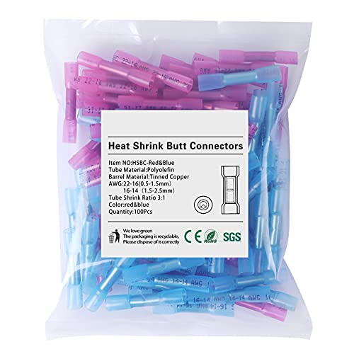 VAMRONE Heat Shrink Butt Wire Connectors, 100Pcs 22-14 AWG Blue Insulated Waterproof Electrical Wire Connectors Automotive Marine Grade Wire Crimp Terminals Butt Splices, Ideal for Boat, Truck, Stereo Blue - Image 1