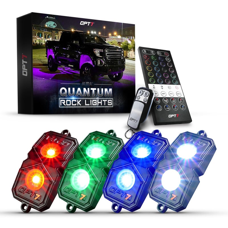 OPT7 Quantum RGBW LED Rock Lights with Remote Control 4 Pods Wide Angle Multicolor Neon Underglow Lighting Kit with Extension Wire IP68 Waterproof for Offroad Truck Jeep RZR ATV UTV SUV
