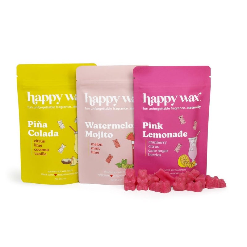 Happy Wax Cocktail Scented Natural Soy Wax Melts â€“ 6 Oz. of Scented Wax Melts, Includes Pink Lemonade, Watermelon Mojito and Pina Colada. Made in USA
