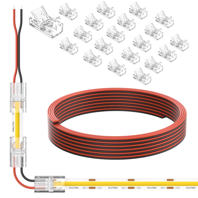 PAUTIX COB LED Connectors for 8mm 2-Pin COB LED Strip Lights,20pcs Strip to Wire Connectors,10ft(305cm) Long 22AWG Extension Wires for Non-Wired Gapless Solderless,5V 12V 24V 2835 LED Strip Lights - Image 1