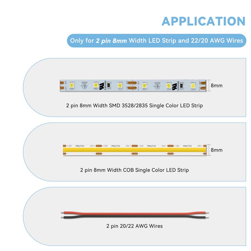 PAUTIX COB LED Connectors for 8mm 2-Pin COB LED Strip Lights,20pcs Strip to Wire Connectors,10ft(305cm) Long 22AWG Extension Wires for Non-Wired Gapless Solderless,5V 12V 24V 2835 LED Strip Lights - Image 3