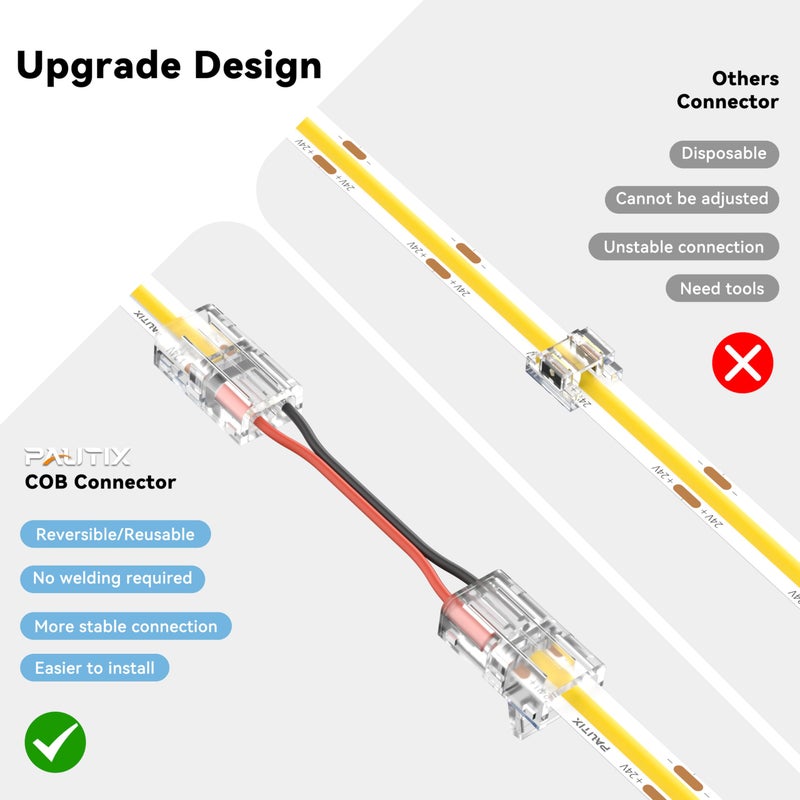 PAUTIX COB LED Connectors for 8mm 2-Pin COB LED Strip Lights,20pcs Strip to Wire Connectors,10ft(305cm) Long 22AWG Extension Wires for Non-Wired Gapless Solderless,5V 12V 24V 2835 LED Strip Lights - Image 4