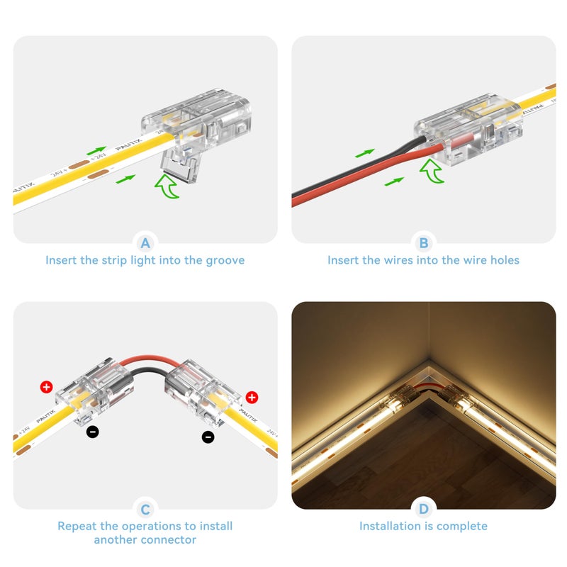 PAUTIX COB LED Connectors for 8mm 2-Pin COB LED Strip Lights,20pcs Strip to Wire Connectors,10ft(305cm) Long 22AWG Extension Wires for Non-Wired Gapless Solderless,5V 12V 24V 2835 LED Strip Lights - Image 5