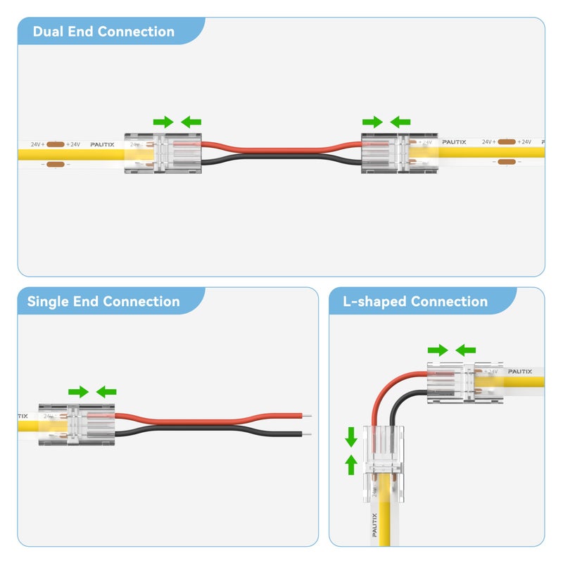 PAUTIX COB LED Connectors for 8mm 2-Pin COB LED Strip Lights,20pcs Strip to Wire Connectors,10ft(305cm) Long 22AWG Extension Wires for Non-Wired Gapless Solderless,5V 12V 24V 2835 LED Strip Lights - Image 2