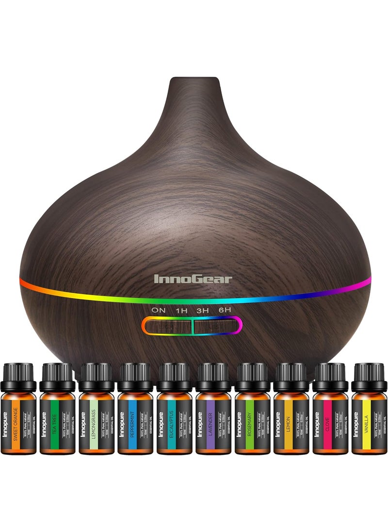 InnoGear - InnoGear Aromatherapy Diffuser & 10 Essential Oils Set, 400ml Diffuser Ultrasonic Diffuser Cool Mist Humidifier with 4 Timers 7 Colors Light Waterless Auto Off for Large Room Office, Dark Wood Grain - Image 1