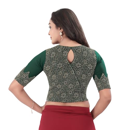 DESI GIRL - Round Neck Jacquard Regular Fit Saree Blouse for Women | Half Sleeve Readymade Stretchy Embroidered Design Festive Blouse Perfect for Saree, Lehenga, Kurti | Dark Green - 42 - Image 3