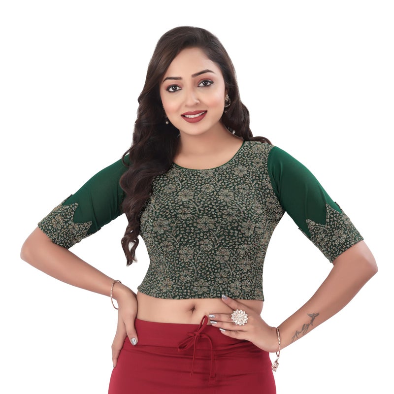 DESI GIRL - Round Neck Jacquard Regular Fit Saree Blouse for Women | Half Sleeve Readymade Stretchy Embroidered Design Festive Blouse Perfect for Saree, Lehenga, Kurti | Dark Green - 42 - Image 4