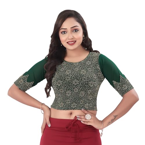 DESI GIRL - Round Neck Jacquard Regular Fit Saree Blouse for Women | Half Sleeve Readymade Stretchy Embroidered Design Festive Blouse Perfect for Saree, Lehenga, Kurti | Dark Green - 42 - Image 1