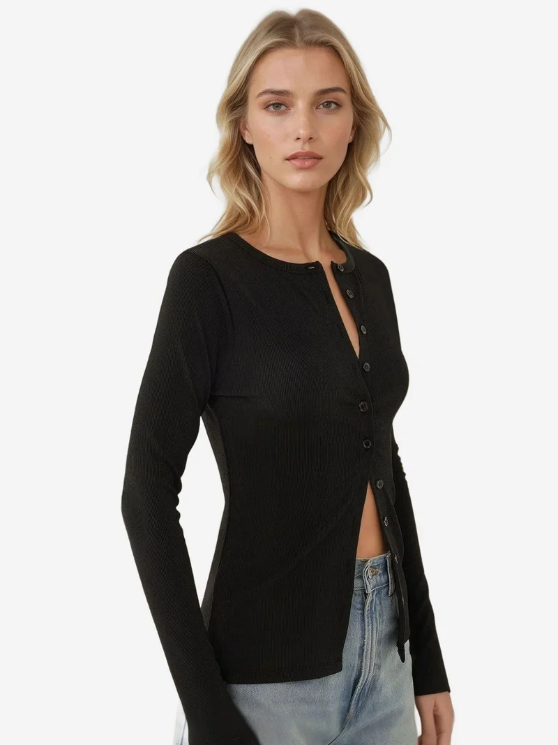 HICCUP Slim Fit V-Neck Long Sleeve Top