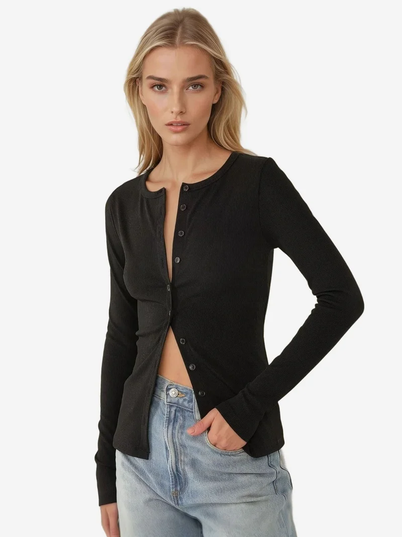 HICCUP Slim Fit V-Neck Long Sleeve Top