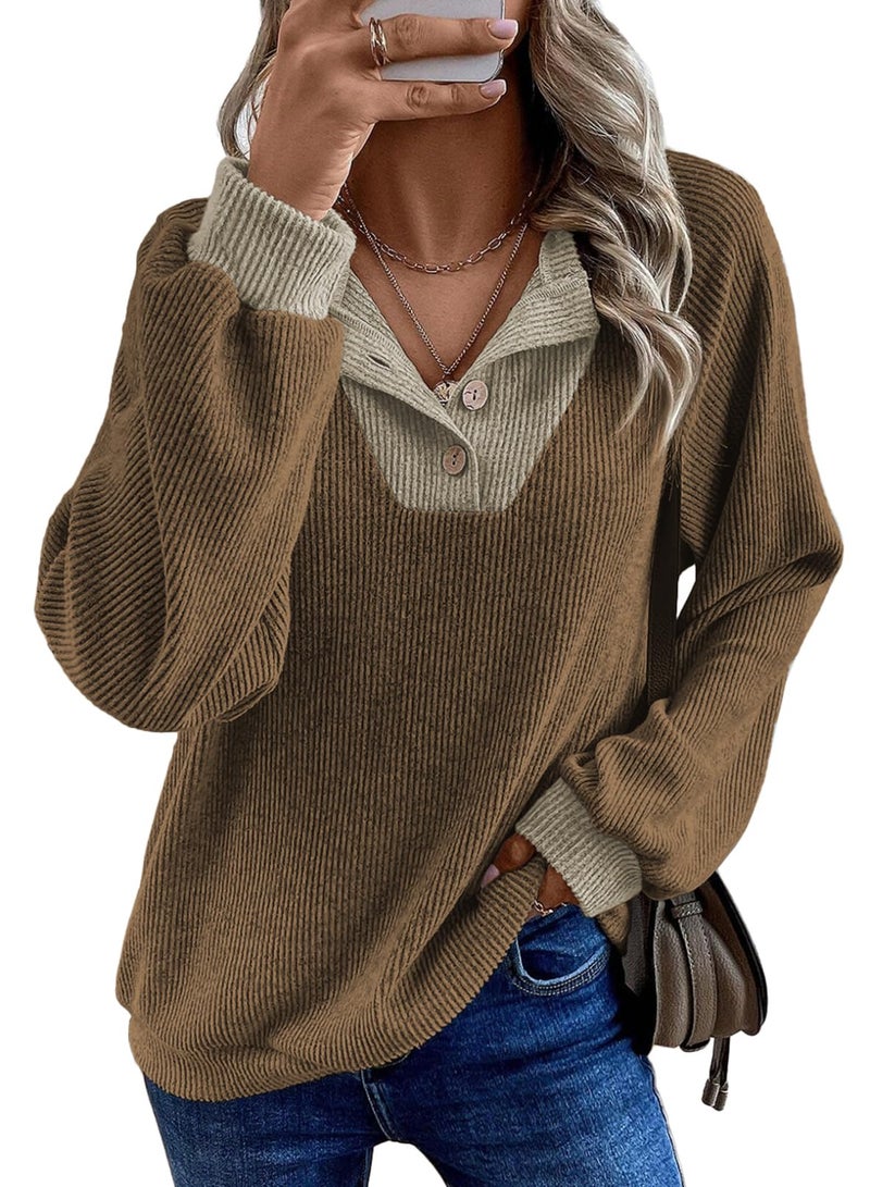 EVALESS Womens Long Sleeve Shirts Spring Fashion 2026 Patchwork Button Up V Neck Oversized Sweatshirt Casual Trendy Pullover Tops School Outfits for Teachers Brown Small - Image 1