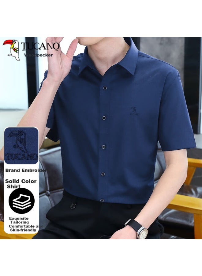 Tucano Men's Shirt, Summer Short-sleeve Shirt, Business Casual, Solid Color, Embroidered, Breathable, Versatile Menswear, A Navy Blue, M - Image 1