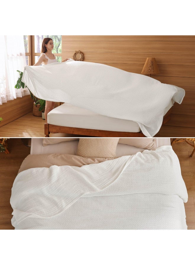 Bedsure Bedsure 100% Cotton Blanket Queen Size for Bed - Soft Cozy Basket Woven Blanket for Summer, Breathable and Lightweight Thermal Blanket, White, 90x90 inches  - Image 4