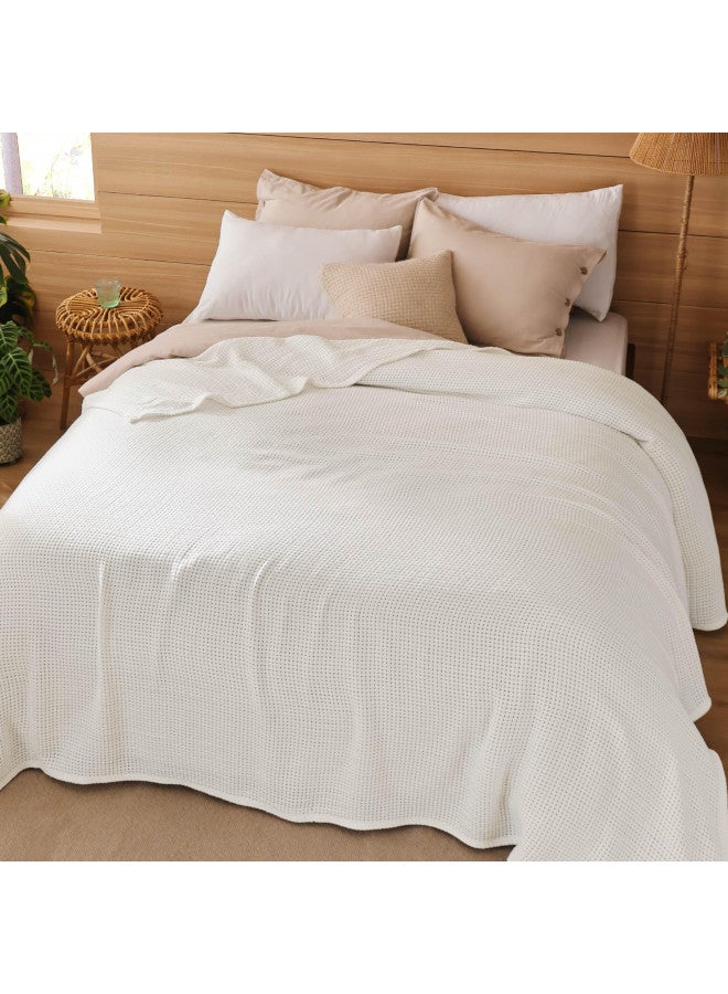 Bedsure Bedsure 100% Cotton Blanket Queen Size for Bed - Soft Cozy Basket Woven Blanket for Summer, Breathable and Lightweight Thermal Blanket, White, 90x90 inches  - Image 1