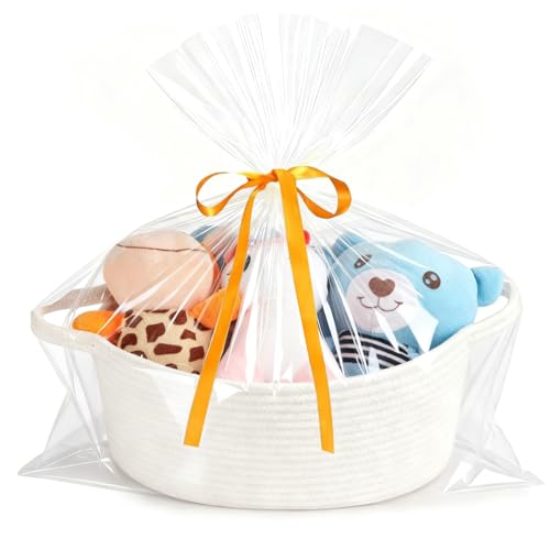 HOBASKET Small Woven Cotton Rope Basket for Gift with Bags and Ribbons Durable Baskets for Christmas Halloween Gifts Empty Storage Basket for Shelf with Handles 12 X 8 X 5 White - Image 1